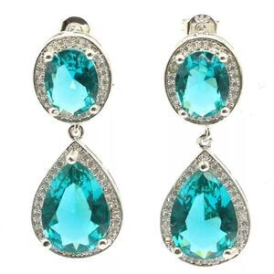 Blue Aquamarine Oval Diamond Silver Dangle Earrings